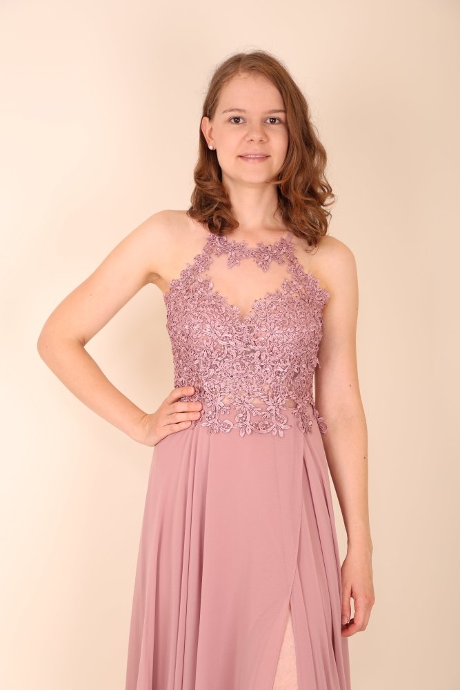 Abendkleid mit Spitzenoberteil, Neckholder & Schlitz, altrosa - Dein Kleiderladen