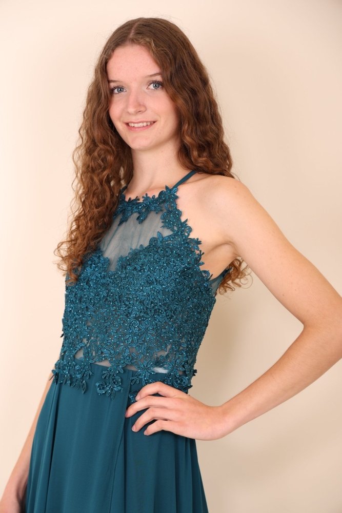 Abendkleid mit Spitzenoberteil, Neckholder & Schlitz, petrol - Dein Kleiderladen
