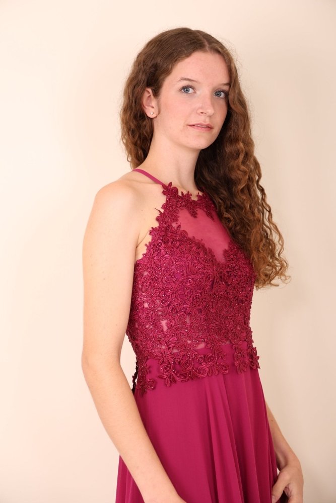 Abendkleid mit Spitzenoberteil, Neckholder & Schlitz, pink - Dein Kleiderladen