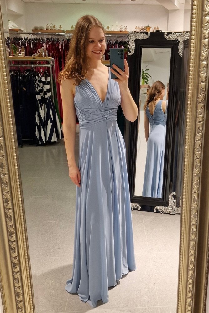 Chiffon - Abendkleid mit Raffungen, V - Ausschnitt & Schlitz, hellblau - Dein Kleiderladen