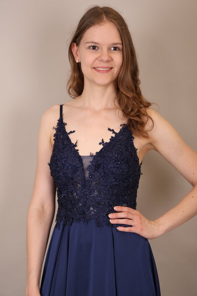 langes Abendkleid mit Spitze, Schnürung & Satinrock, dunkelblau - Dein Kleiderladen