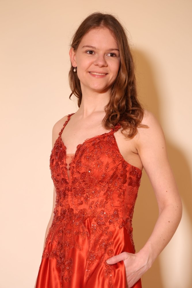 Satin - Ballkleid mit floraler Spitze & Rückenschnürung, terracotta - Dein Kleiderladen