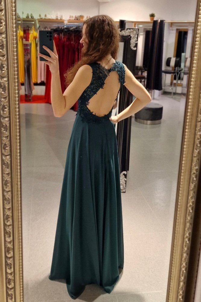 Abendkleid mit Rundrückenausschnitt, Spitze & Schlitz, dunkelgrün - Dein Kleiderladen
