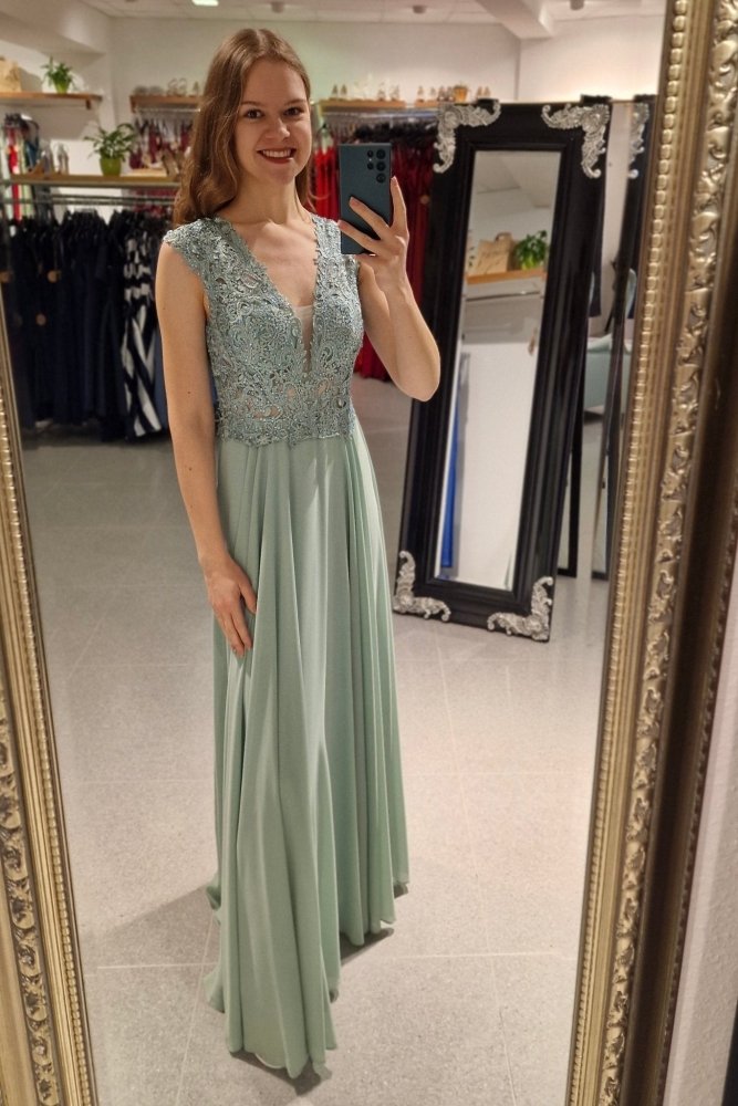 Ballkleid mit breiten Trägern und funkelnder Spitze, hellgrün - Dein Kleiderladen