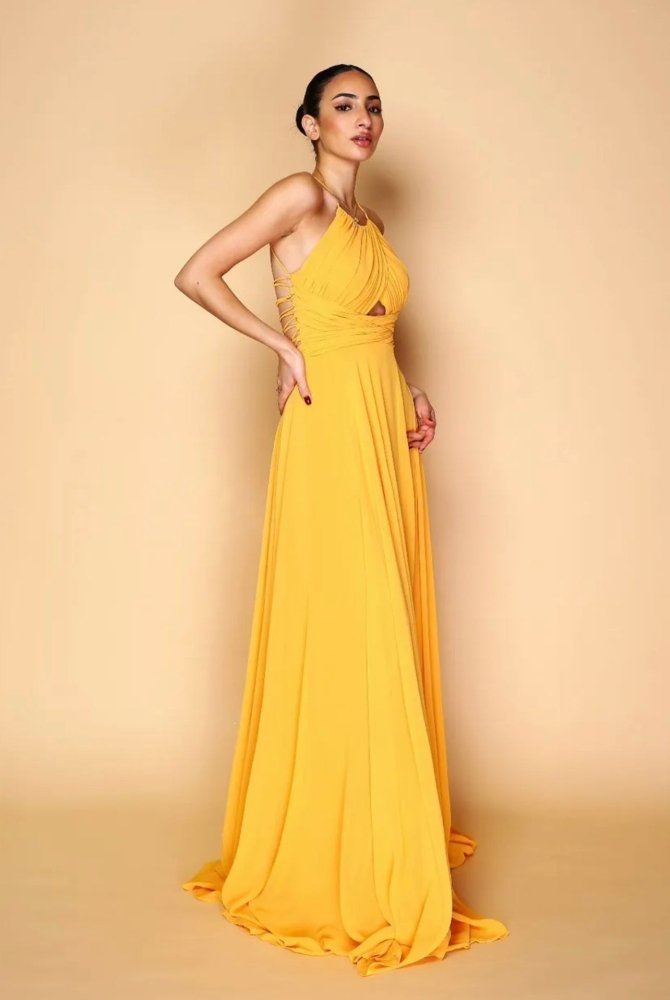 hochgeschlossenes Ballkleid mit Schnürung und Schlitz, gelb - Dein Kleiderladen