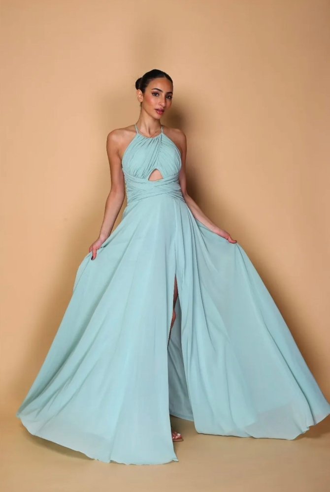 hochgeschlossenes Ballkleid mit Schnürung und Schlitz, mint - Dein Kleiderladen