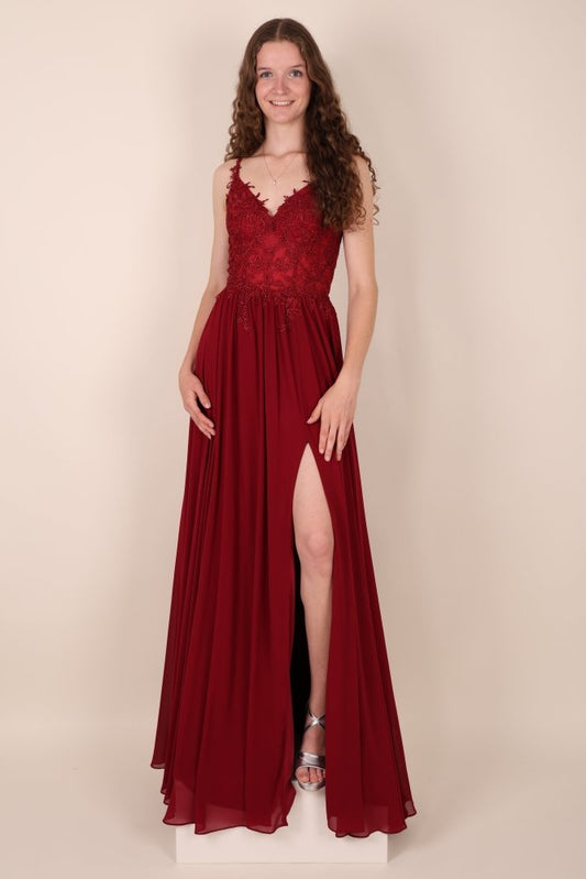 Ballkleid – elegantes langes Chiffonkleid mit feiner Spitze, bordeaux - Dein Kleiderladen