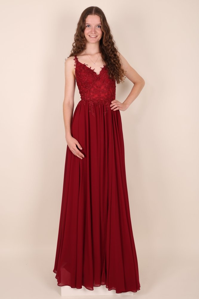 Ballkleid – elegantes langes Chiffonkleid mit feiner Spitze, bordeaux - Dein Kleiderladen