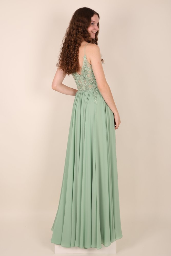Ballkleid – elegantes langes Chiffonkleid mit feiner Spitze, hellgrün - Dein Kleiderladen