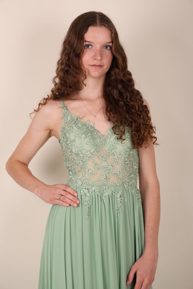 Ballkleid – elegantes langes Chiffonkleid mit feiner Spitze, hellgrün - Dein Kleiderladen