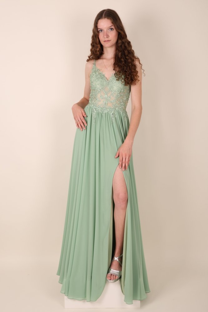 Ballkleid – elegantes langes Chiffonkleid mit feiner Spitze, hellgrün - Dein Kleiderladen