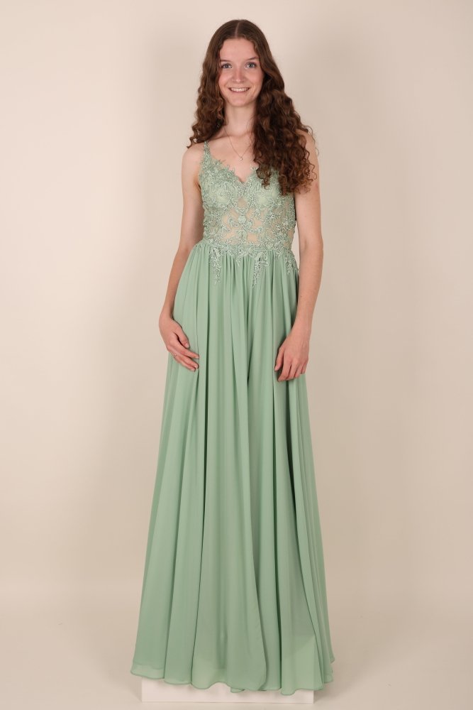 Ballkleid – elegantes langes Chiffonkleid mit feiner Spitze, hellgrün - Dein Kleiderladen