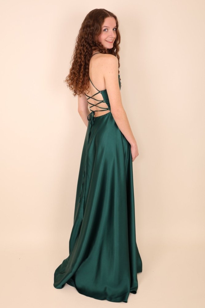 Ballkleid - Satin mit Schnürung, Schlitz und Wasserfallausschnitt, dunkelgrün - Dein Kleiderladen