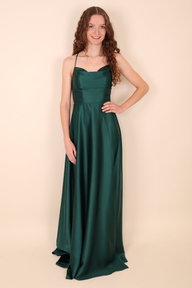 Ballkleid - Satin mit Schnürung, Schlitz und Wasserfallausschnitt, dunkelgrün - Dein Kleiderladen