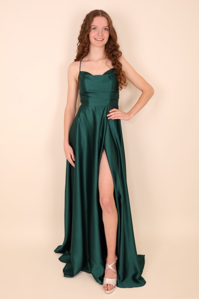 Ballkleid - Satin mit Schnürung, Schlitz und Wasserfallausschnitt, dunkelgrün - Dein Kleiderladen