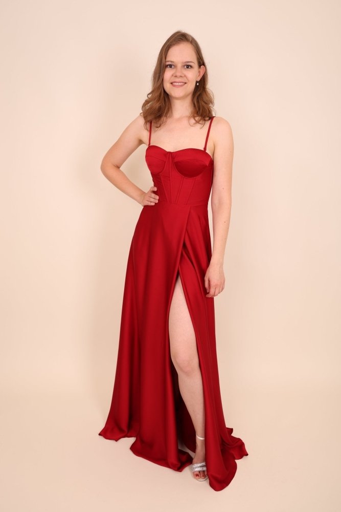 Ballkleid aus Satin mit Corsage & Schnürung, bordeaux - Dein Kleiderladen
