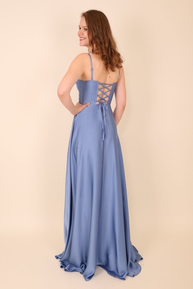 Ballkleid aus Satin mit Corsage & Schnürung, hellblau - Dein Kleiderladen