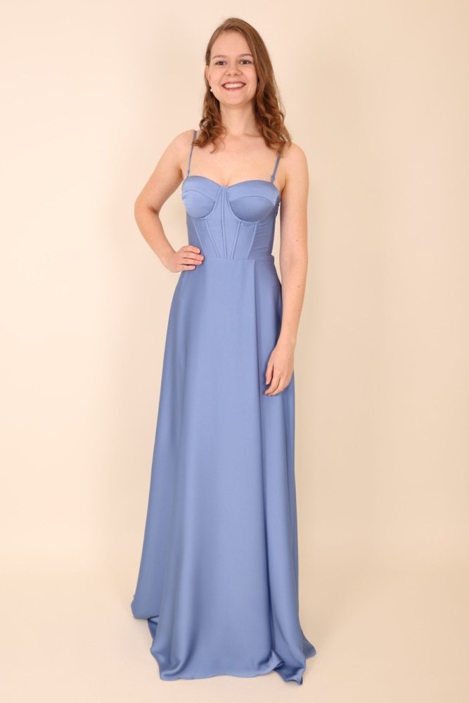 Ballkleid aus Satin mit Corsage & Schnürung, hellblau - Dein Kleiderladen