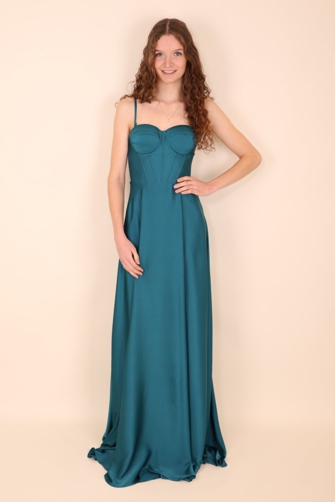 Ballkleid aus Satin mit Corsage & Schnürung, petrol - Dein Kleiderladen