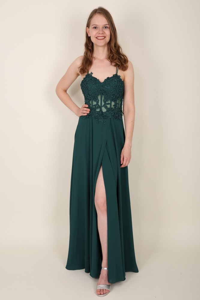 Ballkleid mit besticktem Korsett & Schlitz, dunkelgrün - Dein Kleiderladen