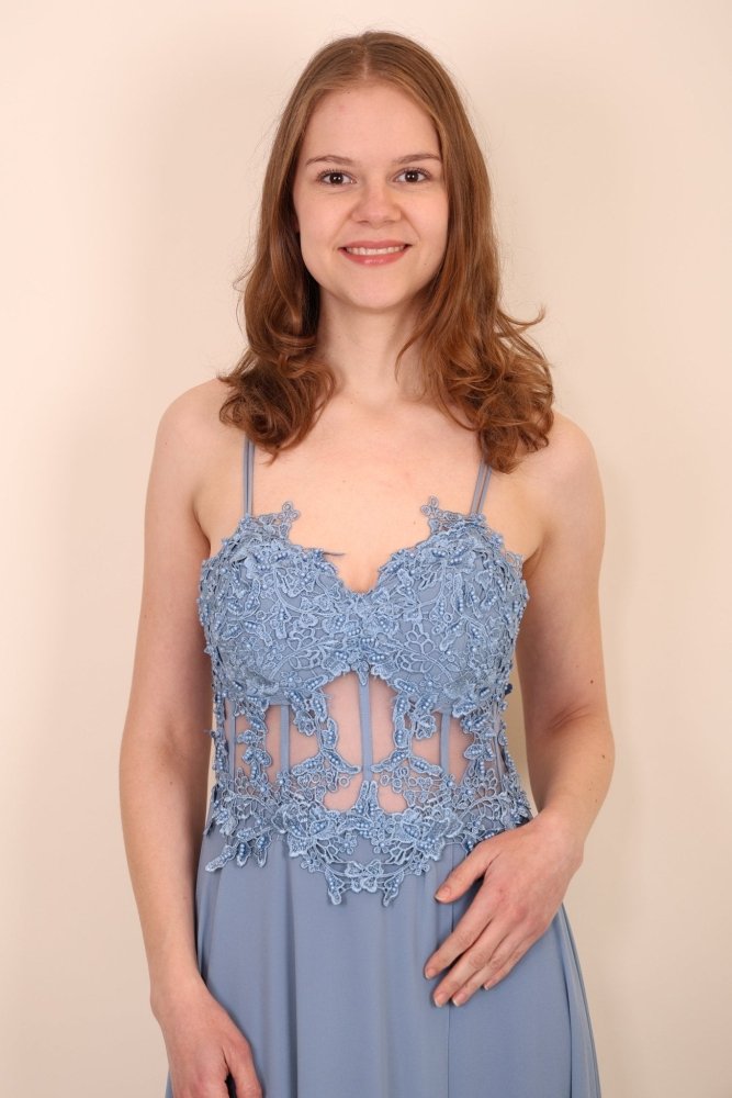 Ballkleid mit besticktem Korsett & Schlitz, graublau - Dein Kleiderladen