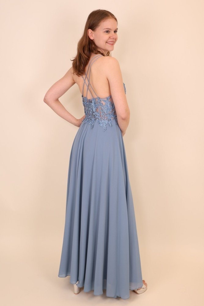 Ballkleid mit besticktem Korsett & Schlitz, graublau - Dein Kleiderladen