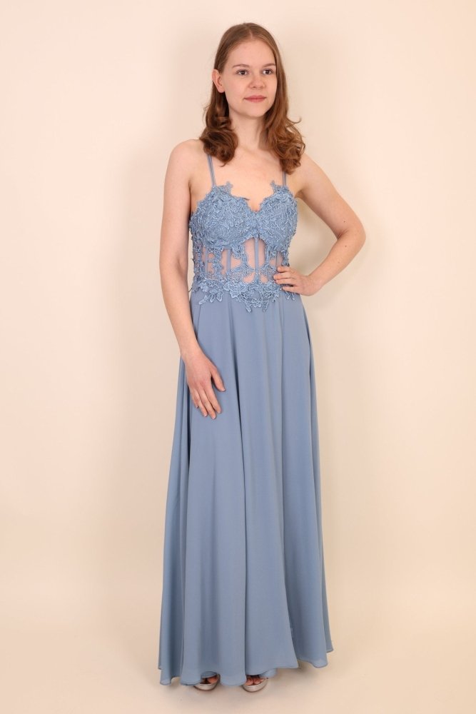 Ballkleid mit besticktem Korsett & Schlitz, graublau - Dein Kleiderladen