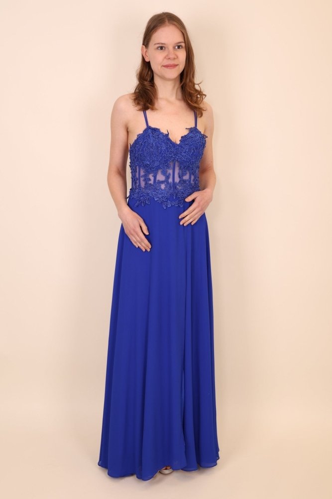Ballkleid mit besticktem Korsett & Schlitz, königsblau - Dein Kleiderladen