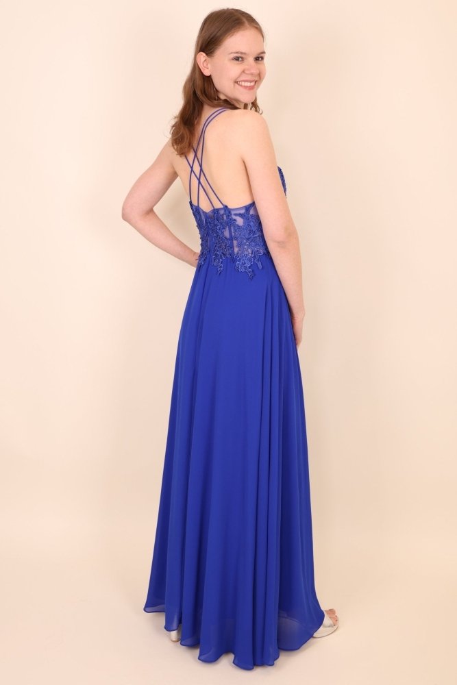 Ballkleid mit besticktem Korsett & Schlitz, königsblau - Dein Kleiderladen