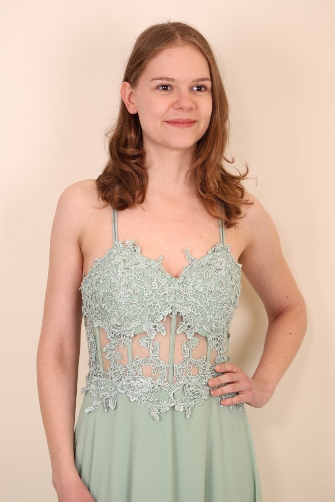 Ballkleid mit besticktem Korsett & Schlitz, mint - Dein Kleiderladen