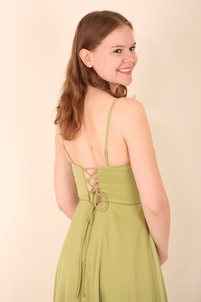 Abendkleid mit Korsettoptik, Rücken - Schnürung & Schlitz, hellgrün - Dein Kleiderladen