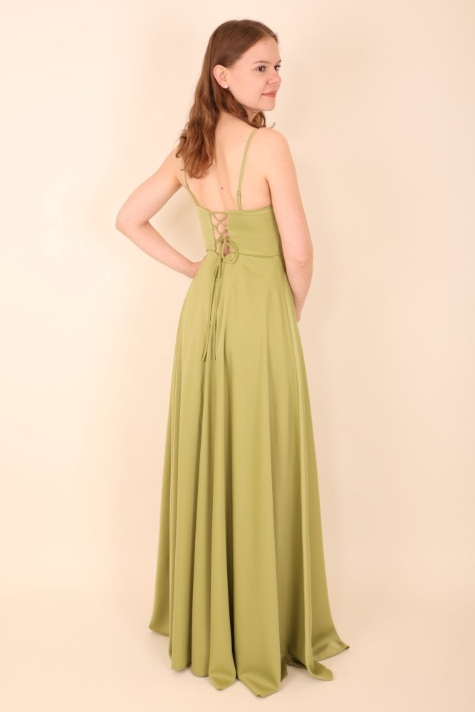 Abendkleid mit Korsettoptik, Rücken - Schnürung & Schlitz, hellgrün - Dein Kleiderladen