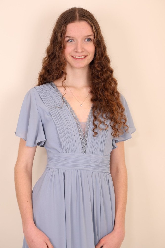 Abendkleid mit kurzen Ärmeln, V - Ausschnitt & Spitze, hellblau - Dein Kleiderladen