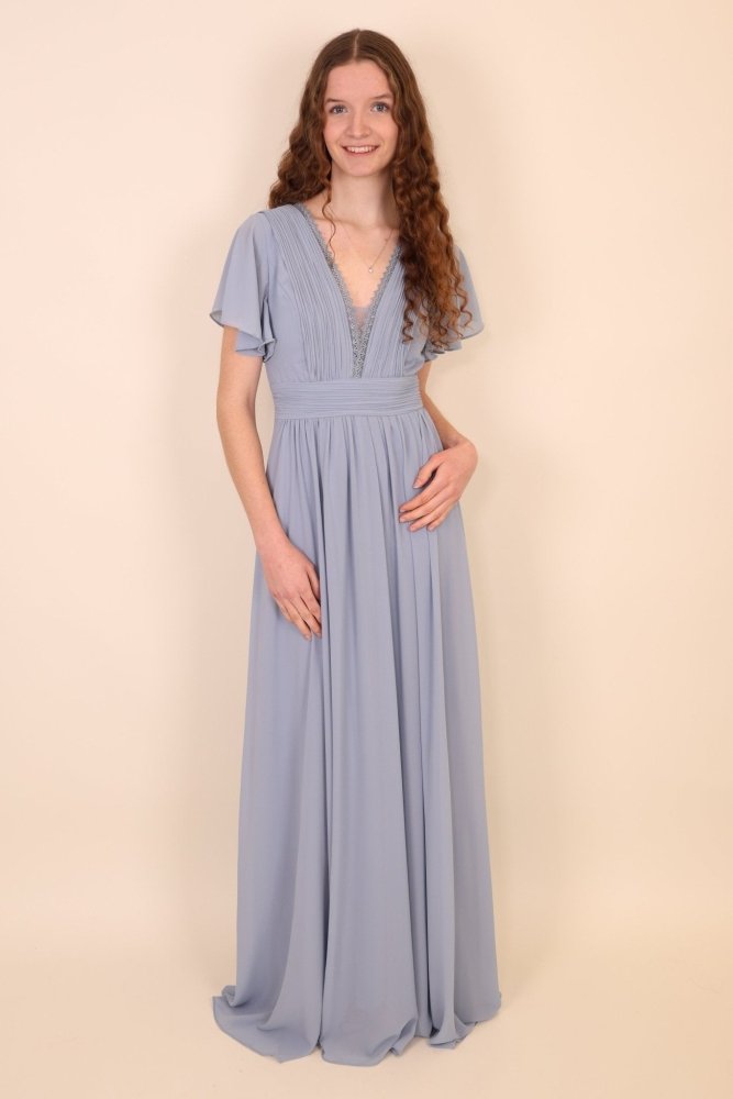 Abendkleid mit kurzen Ärmeln, V - Ausschnitt & Spitze, hellblau - Dein Kleiderladen