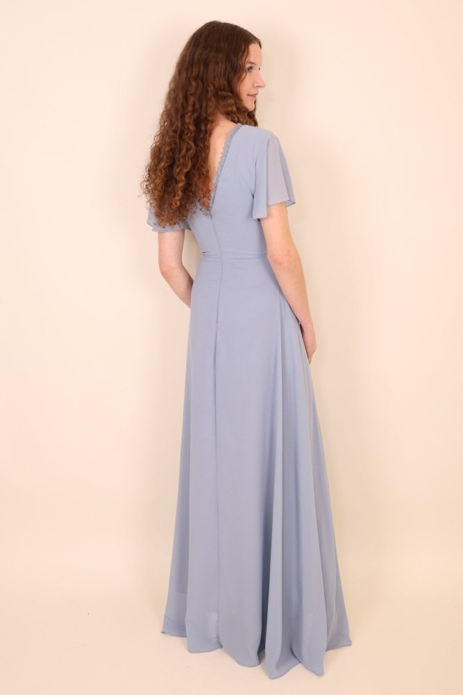 Abendkleid mit kurzen Ärmeln, V - Ausschnitt & Spitze, hellblau - Dein Kleiderladen