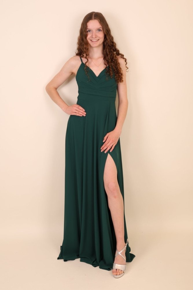 Abendkleid mit Raffungen und Schlitz, dunkelgrün - Dein Kleiderladen