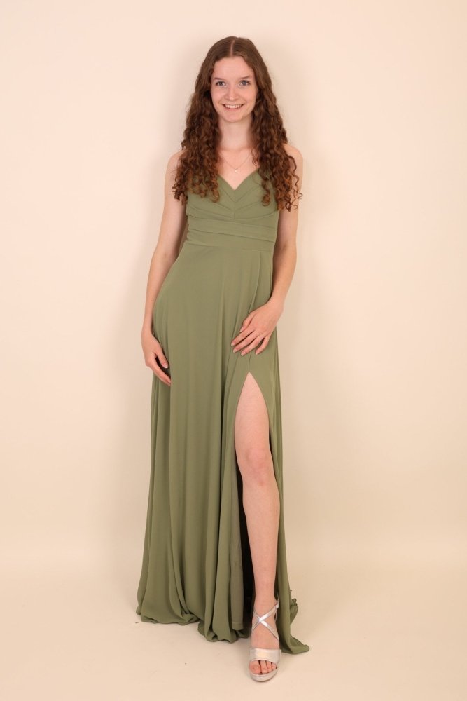 Abendkleid mit Raffungen und Schlitz, oliv - Dein Kleiderladen