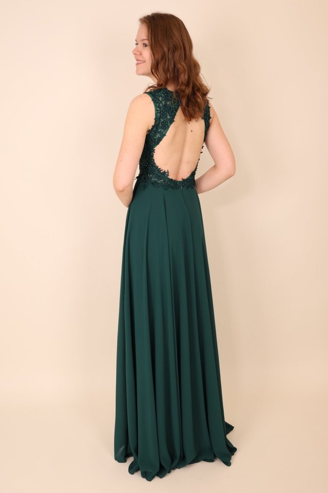 Abendkleid mit Rundrückenausschnitt, Spitze & Schlitz, dunkelgrün - Dein Kleiderladen