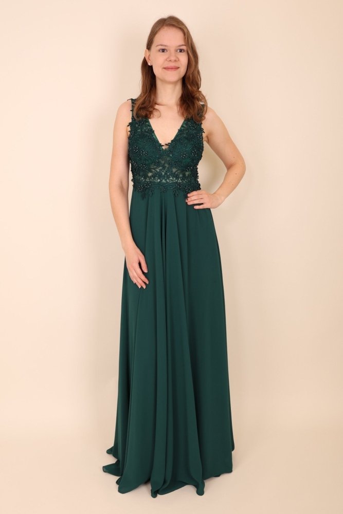 Abendkleid mit Rundrückenausschnitt, Spitze & Schlitz, dunkelgrün - Dein Kleiderladen
