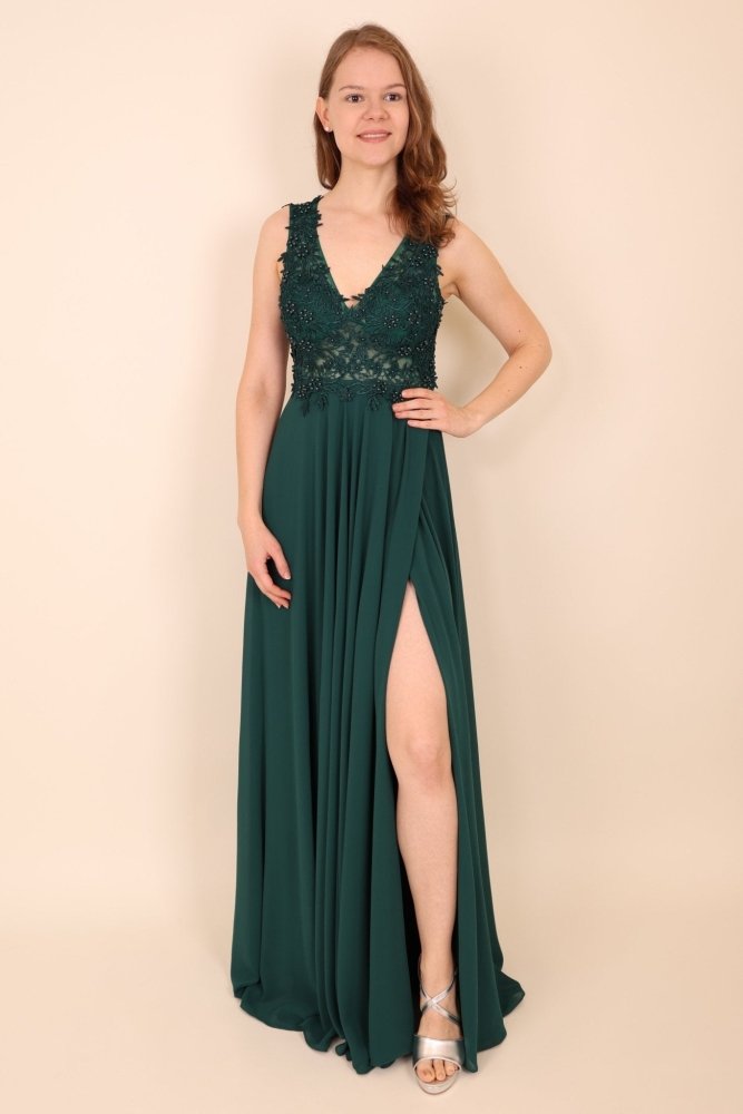 Abendkleid mit Rundrückenausschnitt, Spitze & Schlitz, dunkelgrün - Dein Kleiderladen