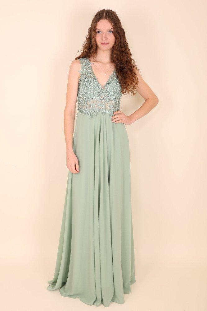 Abendkleid mit Rundrückenausschnitt, Spitze & Schlitz, mint - Dein Kleiderladen