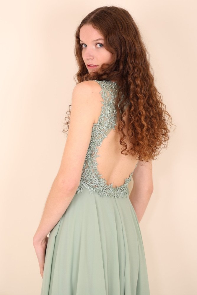 Abendkleid mit Rundrückenausschnitt, Spitze & Schlitz, mint - Dein Kleiderladen