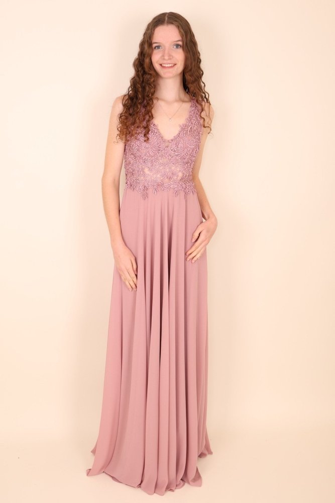 Abendkleid mit Rundrückenausschnitt, Spitze & Schlitz, rosa - Dein Kleiderladen
