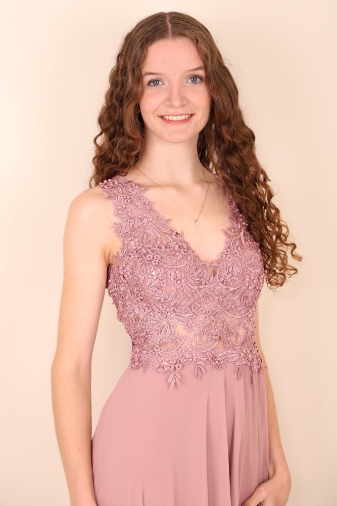Abendkleid mit Rundrückenausschnitt, Spitze & Schlitz, rosa - Dein Kleiderladen
