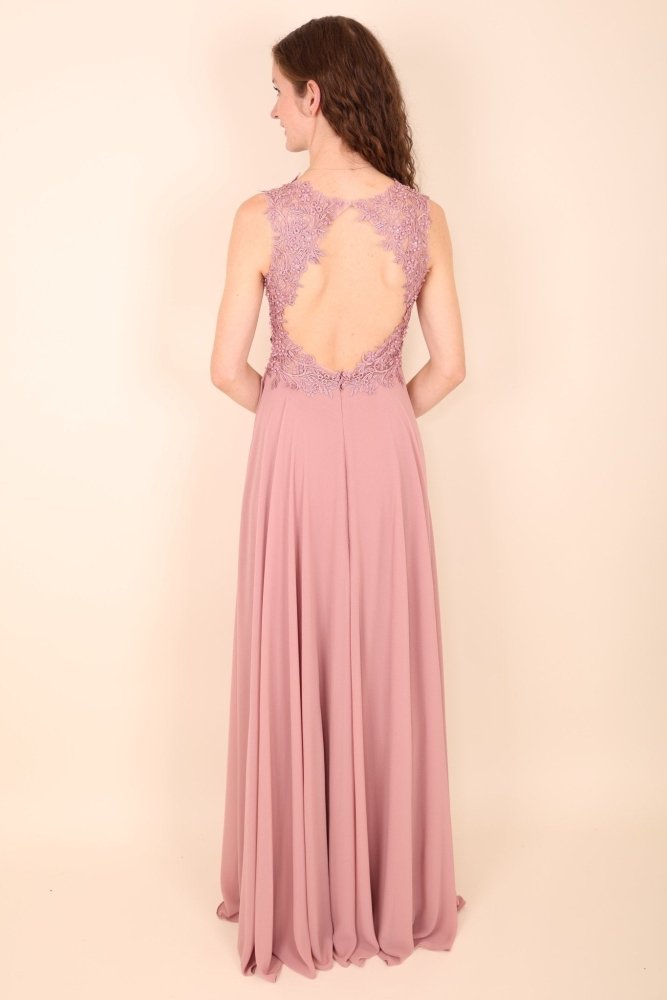 Abendkleid mit Rundrückenausschnitt, Spitze & Schlitz, rosa - Dein Kleiderladen