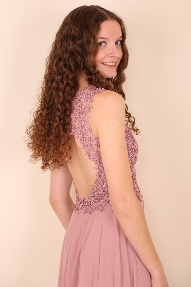 Abendkleid mit Rundrückenausschnitt, Spitze & Schlitz, rosa - Dein Kleiderladen