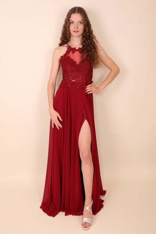 Abendkleid mit Spitzenoberteil, Neckholder & Schlitz, dunkelrot - Dein Kleiderladen