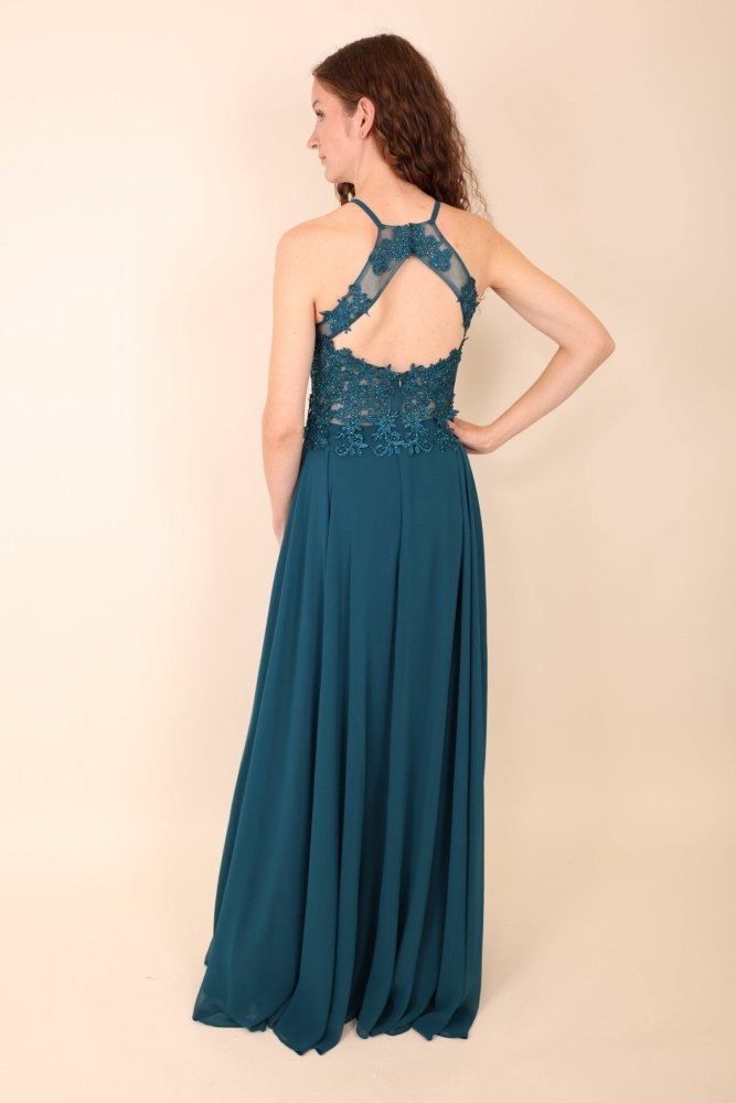 Abendkleid mit Spitzenoberteil, Neckholder & Schlitz, petrol - Dein Kleiderladen