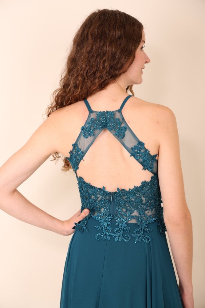 Abendkleid mit Spitzenoberteil, Neckholder & Schlitz, petrol - Dein Kleiderladen