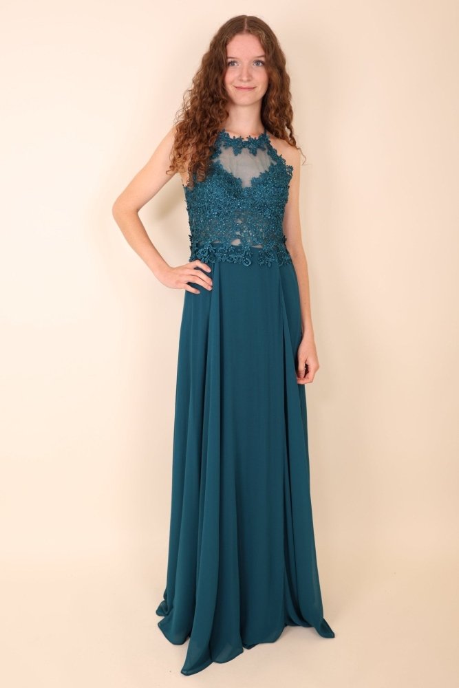 Abendkleid mit Spitzenoberteil, Neckholder & Schlitz, petrol - Dein Kleiderladen